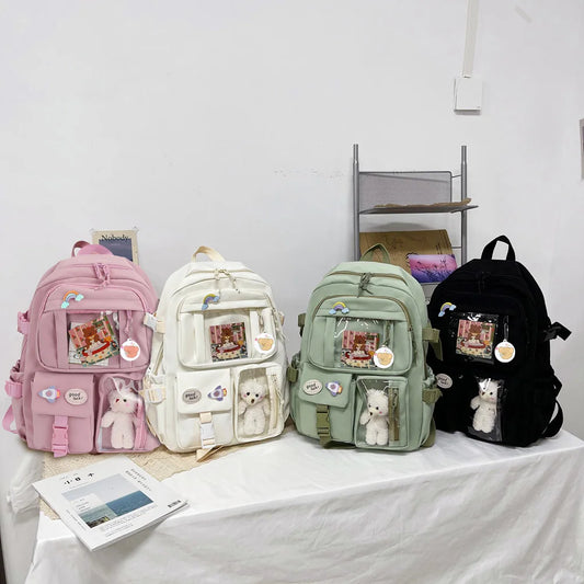 College Student Rucksack Fashion Travel Bookbags with Plush Pendant Pin Cute Kawaii Large Capacity Japanese Style for Teen Girls