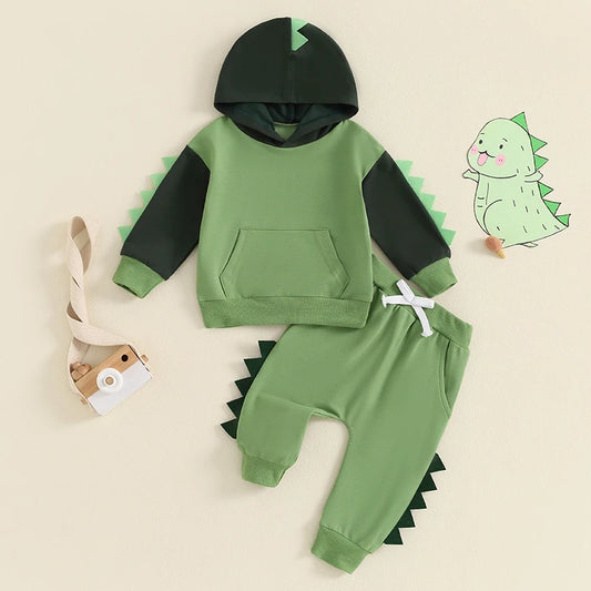 Lioraitiin Toddler Boy Dinosaur Outfits, Contrast Color Long Sleeve Hoodie Elastic Waist Pants 2 Piece Set for Fall