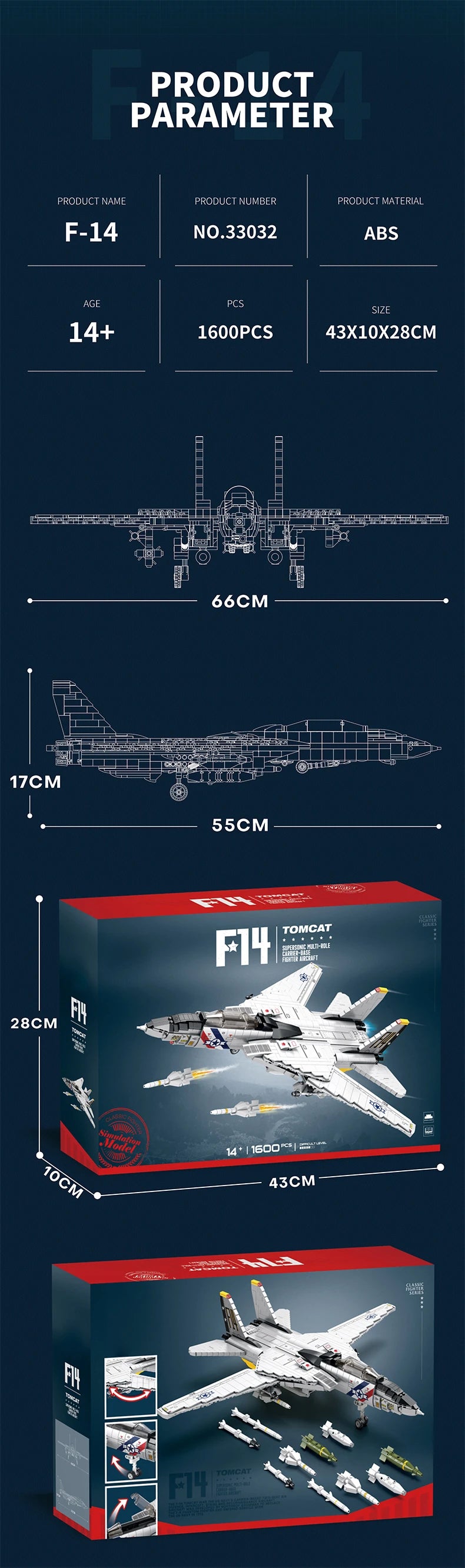 F14 Tomcot Fighter Building Blocks Set, Jet Fighter Aircraft Strategic Bomber Plane, Military Toy Gift for Fans, Kids, Adults