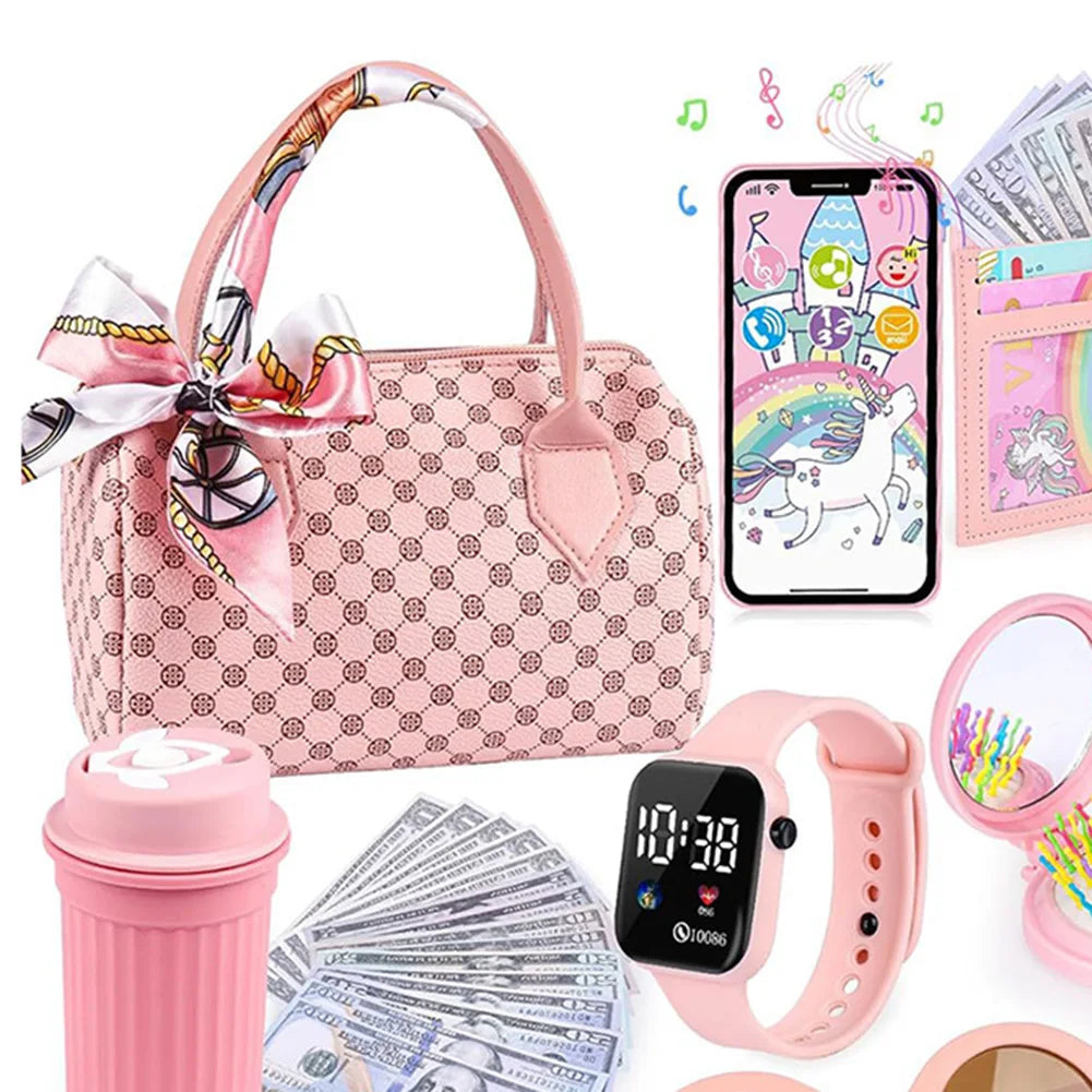 Little Girls Play Purse Princess Gifts 32 Pcs Toddler Purse Cell Phone/Makeup/Keys Kids Pretend Play Purse Girls Birthday Gifts