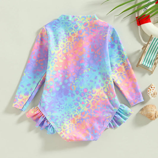 Citgeett Summer Toddler Kids Baby Girl Swimsuits Print Ruffles Long Sleeve Zipper Jumpsuit Swimwear Beachwear Bodysuit Clothes