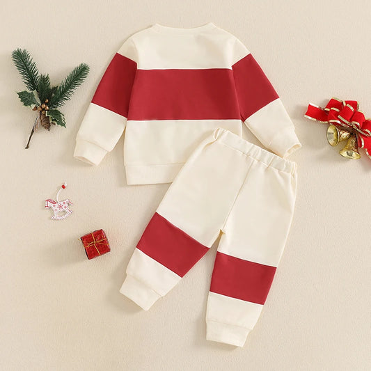 Toddler Baby Boy Christmas Outfit Letter Embroidery Contrast Color Long Sleeve Sweatshirt and Elastic Pants Clothes