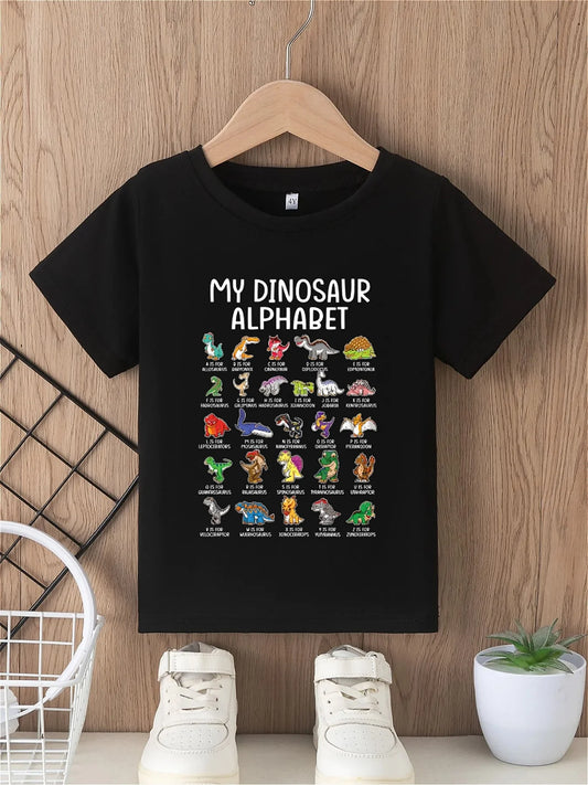 Cartoon Dinosaur Alphabet Print T-Shirt, Tees For Boys, Casual Short Sleeve T-shirt For Summer Spring Fall, Tops As Gifts