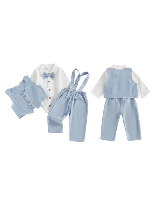 Toddler Boys Winter 4Pcs Outfit Set Long Sleeve Lapel Button Shirt Vest Suspender Pants Bowtie Sets Warm Clothes