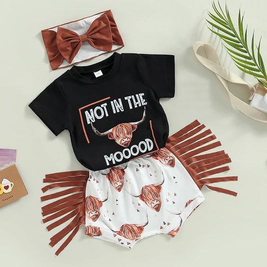 Lioraitiin 0-3Years Toddler Baby Girl 3Pcs Western Clothes Short Sleeve Letter T-Shirt Tassel Shorts Headband Set