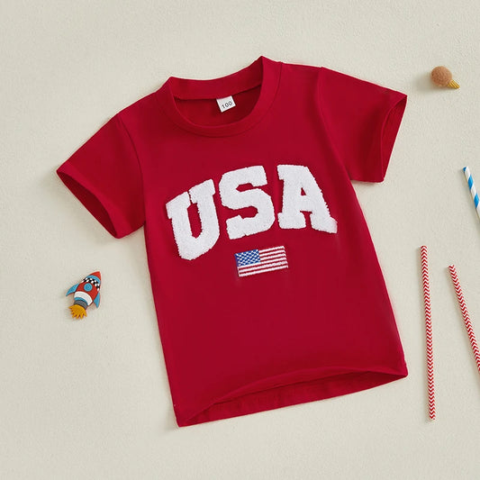 Day Kids T-Shirt with USA Flag Embroidery Patriotic Short Sleeve Tee for Boys Loose Fit Summer Top