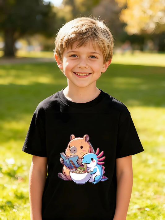 Kids Children's Cotton T-Shirt Capybara and Axolotl Reading and Eating Design for Boys Girls Animal Lover Kawaii Style