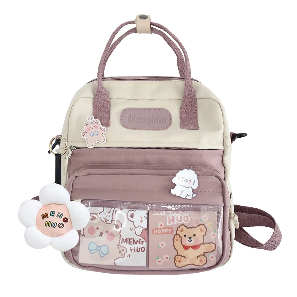 Kawaii Backpack For Women Girls W/ Cute Pins Preppy Style Hit Color Backpack Leisure School Bag Large Knapsacks Fashion Handbag