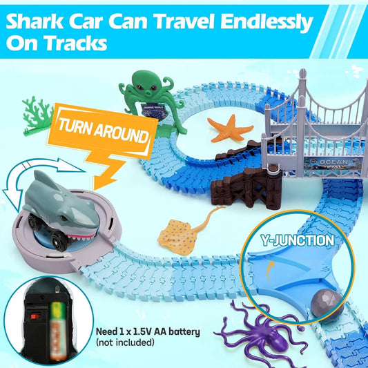 VATOS Track Toys Shark Race Car Toy for Boys Girls Age 3+ Bendable Flexible Racetrack Cars Ocean Train