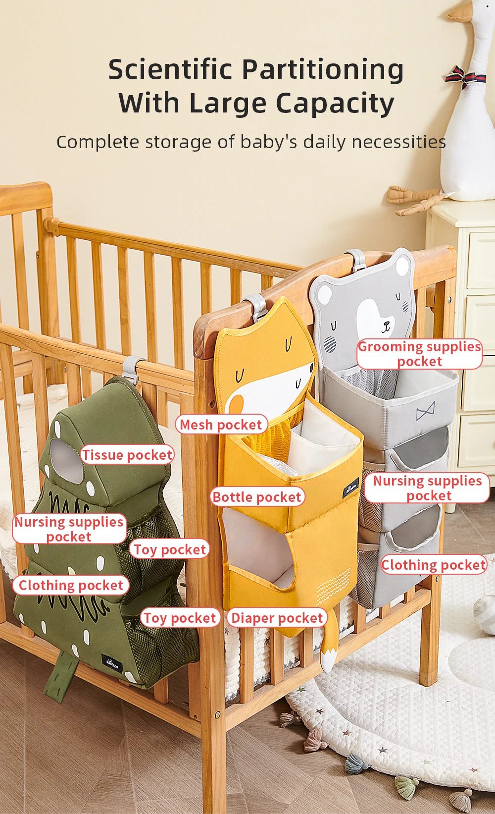Sunveno Cartoon Baby Crib Hanging Storage Bag, Multi-functional Organizer for Baby Supplies Baby Room Decor