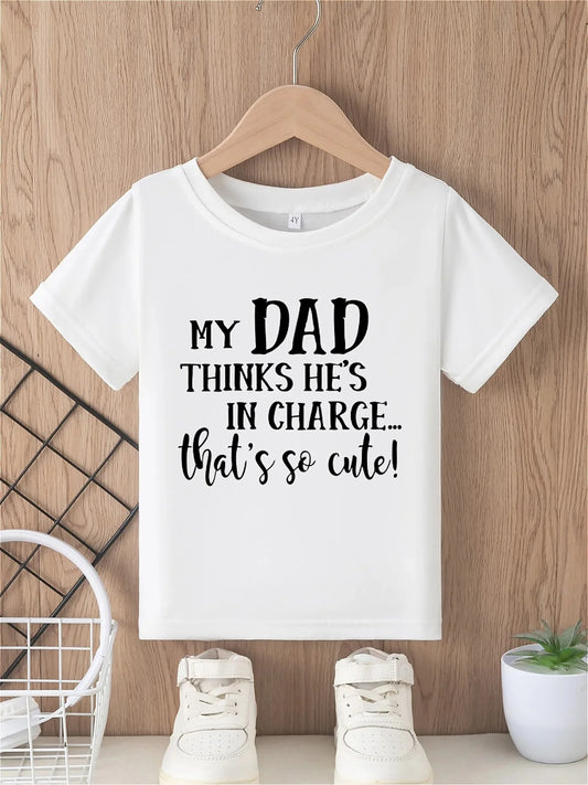 My dad thinks about girls' T-shirts Letter pattern print, loose and versatile round neck short sleeved, all season long
