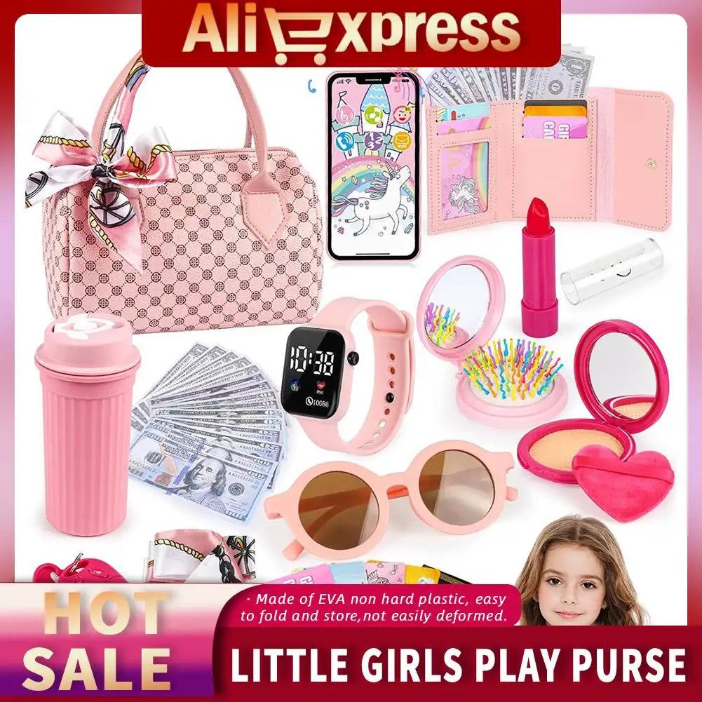 Little Girls Play Purse Princess Gifts 32 Pcs Toddler Purse Cell Phone/Makeup/Keys Kids Pretend Play Purse Girls Birthday Gifts