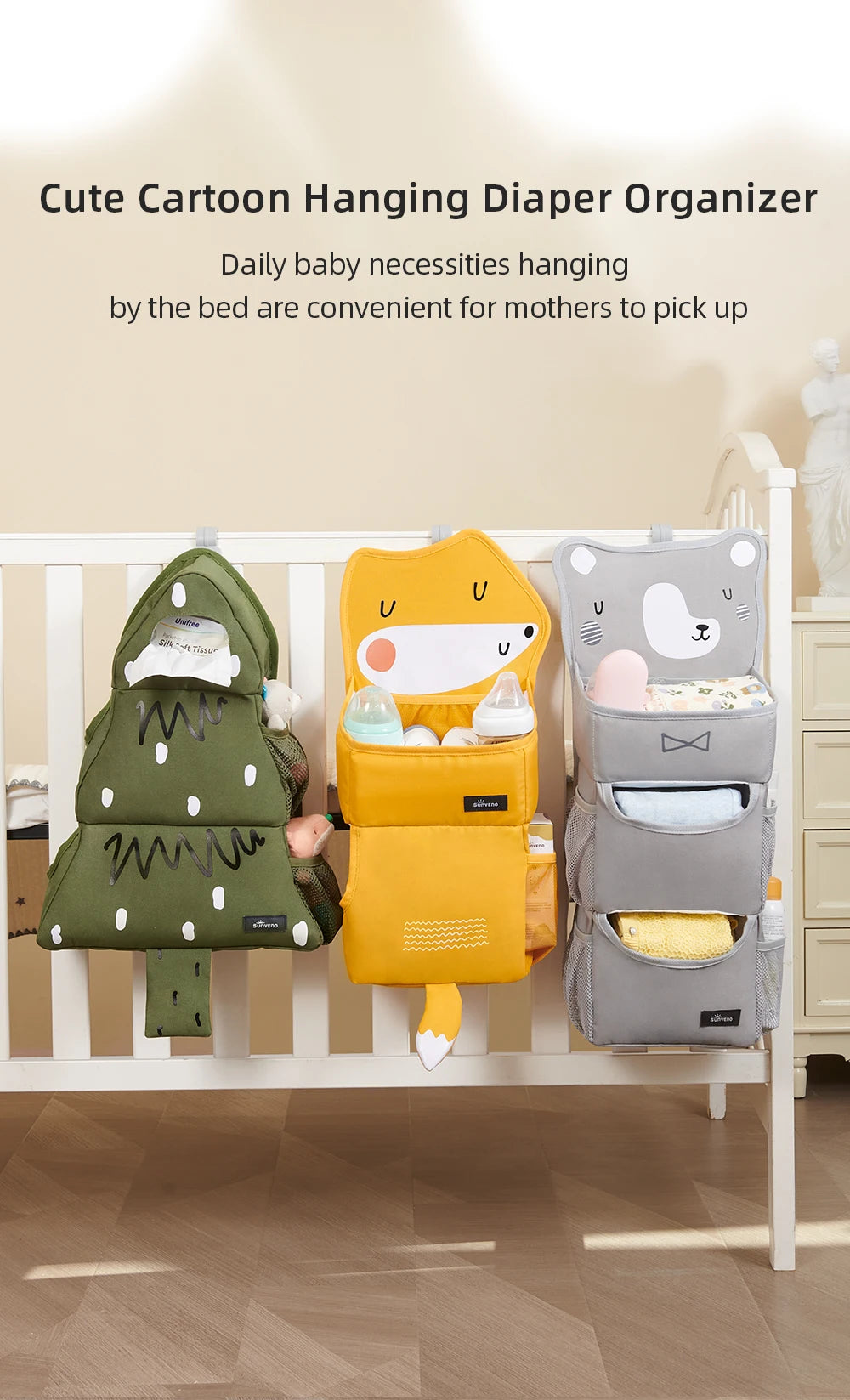 Sunveno Cartoon Baby Crib Hanging Storage Bag, Multi-functional Organizer for Baby Supplies Baby Room Decor