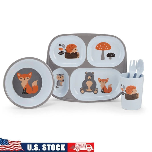 Kids 5-Piece Mealtime Set Woodland Characters Plate Bowl Cup Fork Spoon BPA Free Dishwasher Safe Perfect Gift Children