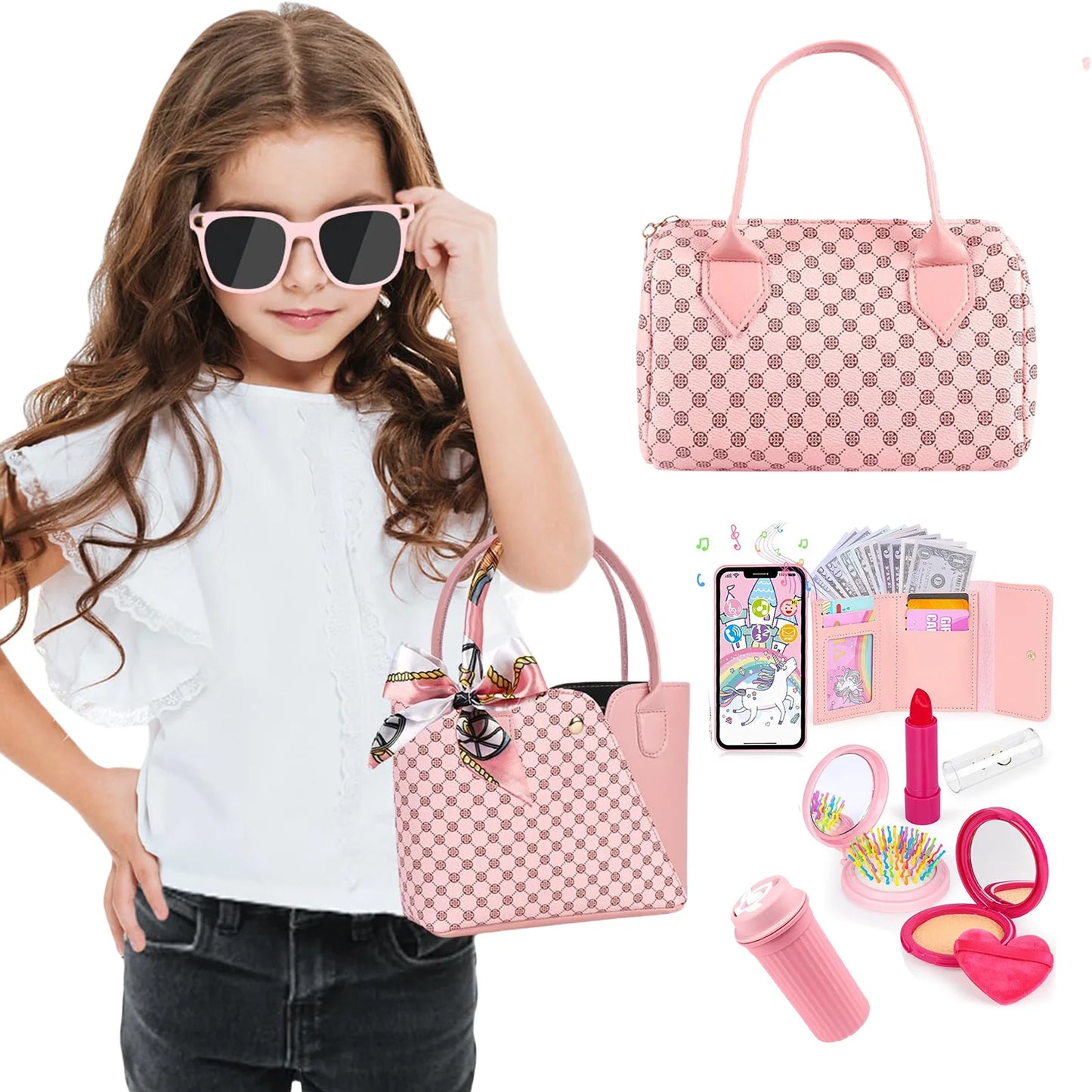 Little Girls Play Purse Princess Gifts 32 Pcs Toddler Purse Cell Phone/Makeup/Keys Kids Pretend Play Purse Girls Birthday Gifts