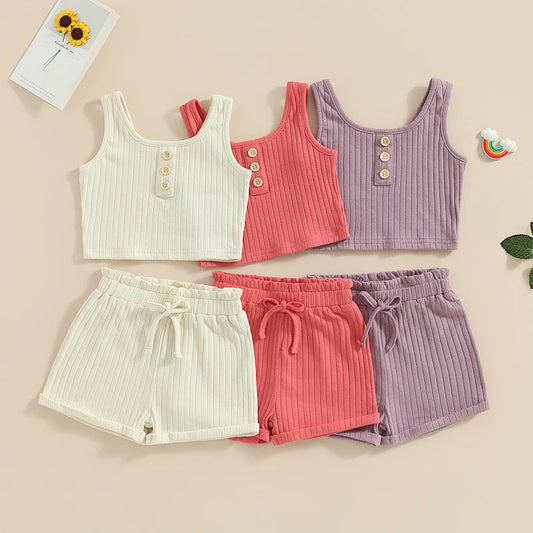 Lioraitiin 0-8Years Kid Girls 2Pcs Summer Pants Suit Sleeveless Knitting Vest Tops Solid Drawstring Shorts