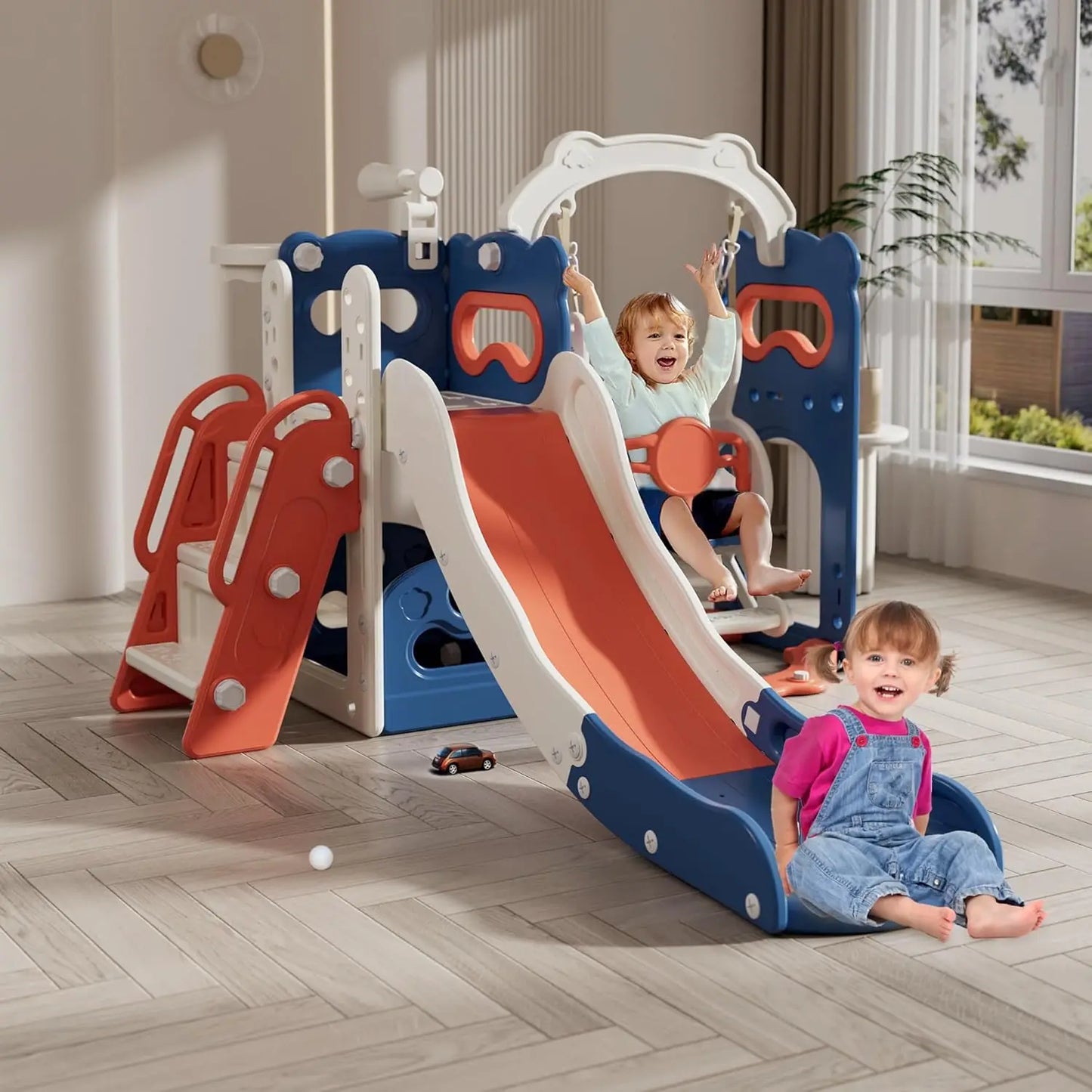 Toddler Slide and Swing Set for Toddlers Age 3-5 Baby Kids Slides with Basketball Hoop Telescope Outdoor Indoor Slide Stair Play