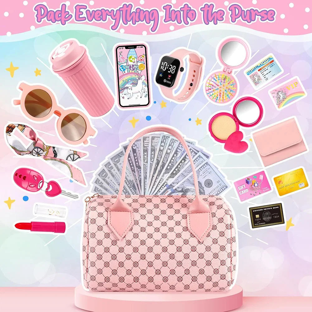 Little Girls Play Purse Princess Gifts 32 Pcs Toddler Purse Cell Phone/Makeup/Keys Kids Pretend Play Purse Girls Birthday Gifts