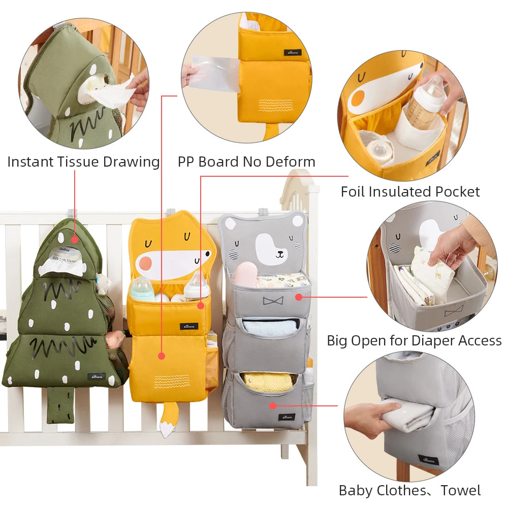 Sunveno Cartoon Baby Crib Hanging Storage Bag, Multi-functional Organizer for Baby Supplies Baby Room Decor