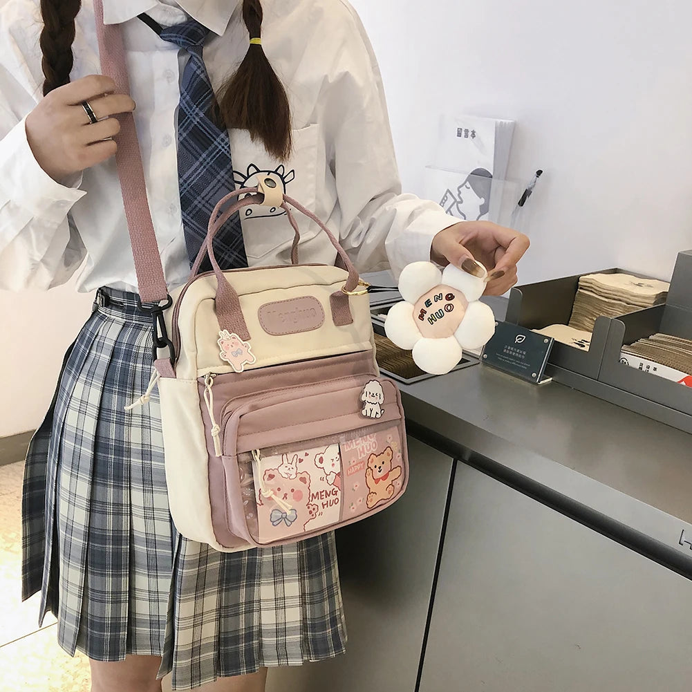 Kawaii Backpack For Women Girls W/ Cute Pins Preppy Style Hit Color Backpack Leisure School Bag Large Knapsacks Fashion Handbag