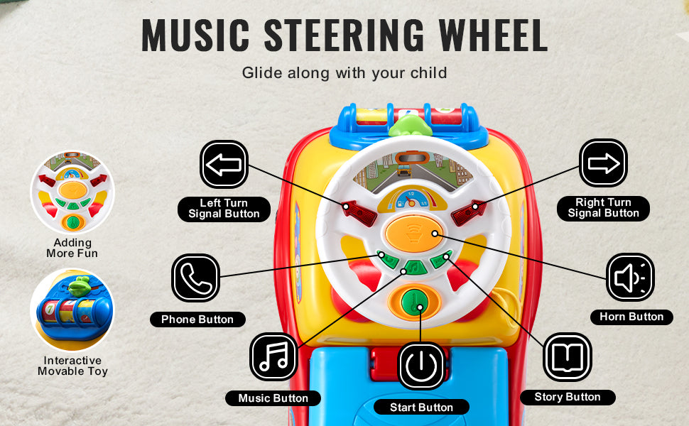 Toddler Ride On Push Car Sit to Stand Kids Ride On Toy Car with Music Steering Wheel Seat Storage for Toddlers